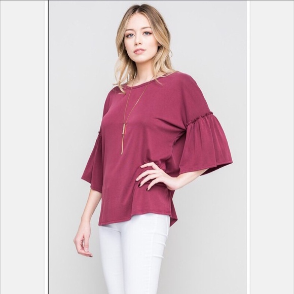 Les Amis Tops - Women's Wine Top with Ruffled Sleeves by Les Amis